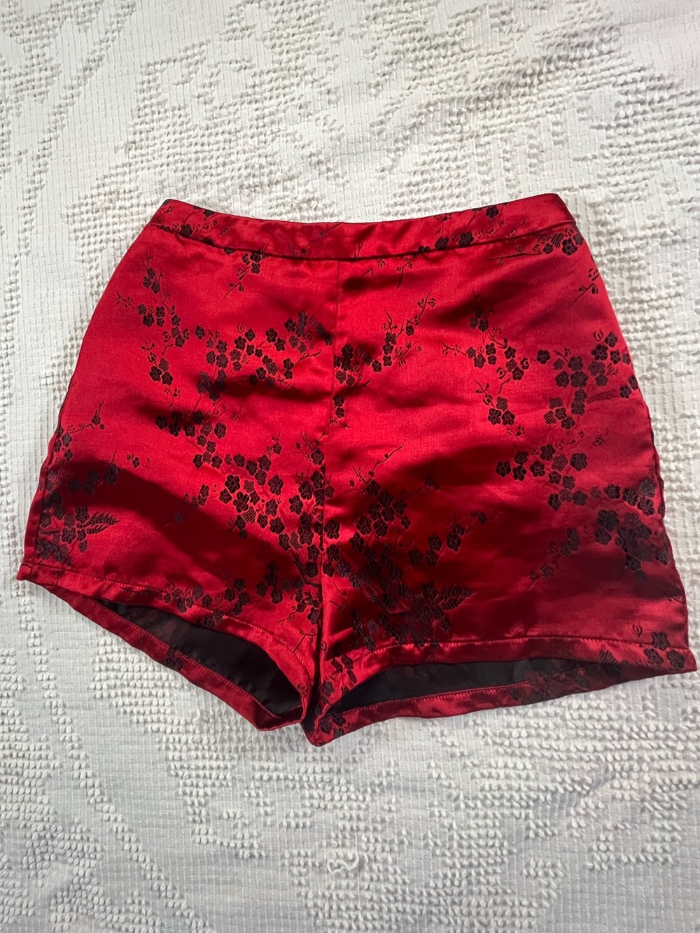superdown Red Satin Floral-Trim Shorts